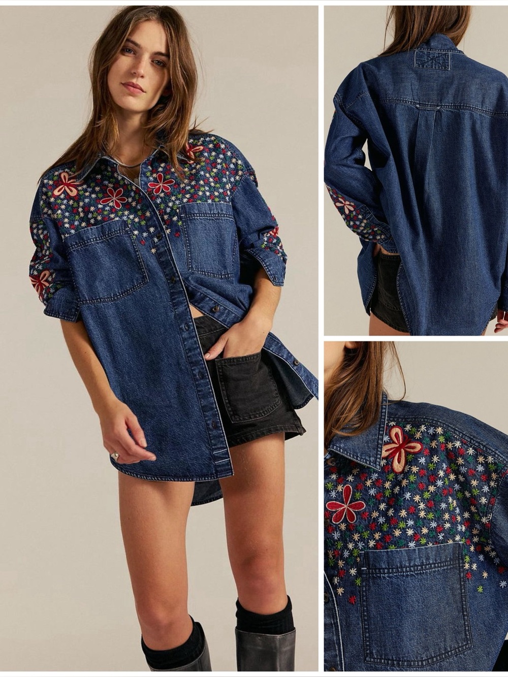 𝓯𝓹 Free People  ~ We The Free / Rainbow Embroidered Denim Shirt Jacket